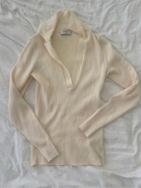 Babaton Ivory Ribbed Collared V-Neck Sweater